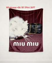 Miu Miu Deep Burgundy Background Cat and Black Bag Print Flannel Throw Blanket IMG_0399